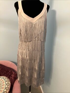 White House Black Market Silver Fringe Tiered V-Neck Flapper Dress